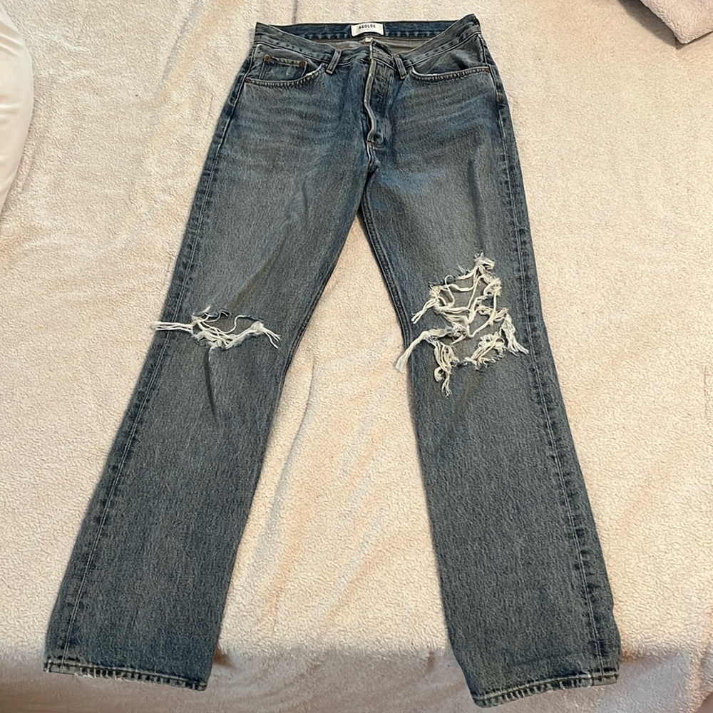 Agolde size 28 Cherie high rise straight denim jean with rips in the knee